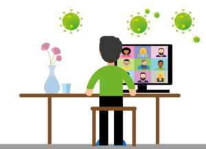 illustration d'un homme de dos assis sur un bureau en visioconférence