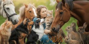 image d'une femme entourée d'animaux : chats, chiens, chevaux, lapins