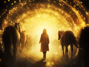 femme avec des chevaux marchant