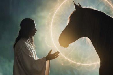 homme en toge près d'un cheval